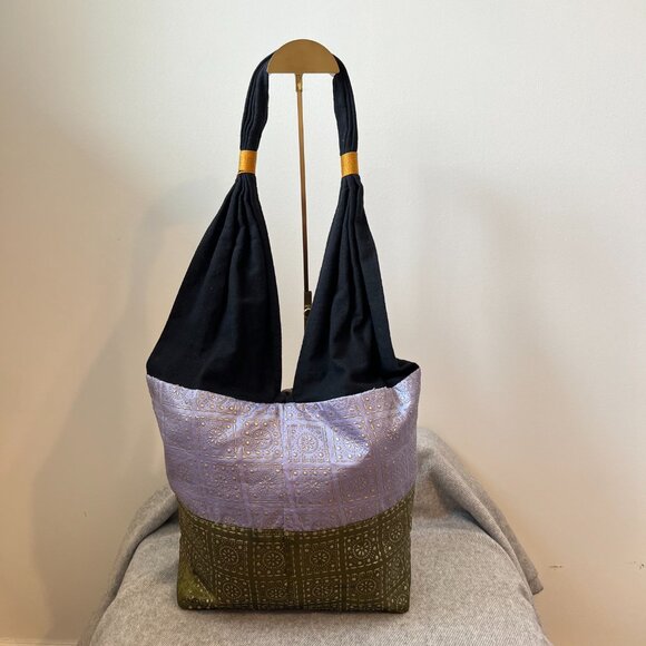 Artisan Thai Boho Bag Purple/green with black Cotton-strap Wooden Beads & Button - Picture 5 of 13